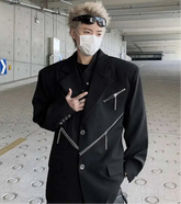 HEYFANCYSTYLE Designer Men's Oversized Blazer: Structured Shoulders, Black, Zipper